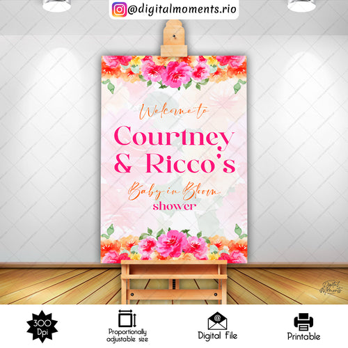 Baby In Bloom Sign 24x36, orange, welcome, events, pink, custom, 24x36, floral, sign, design
