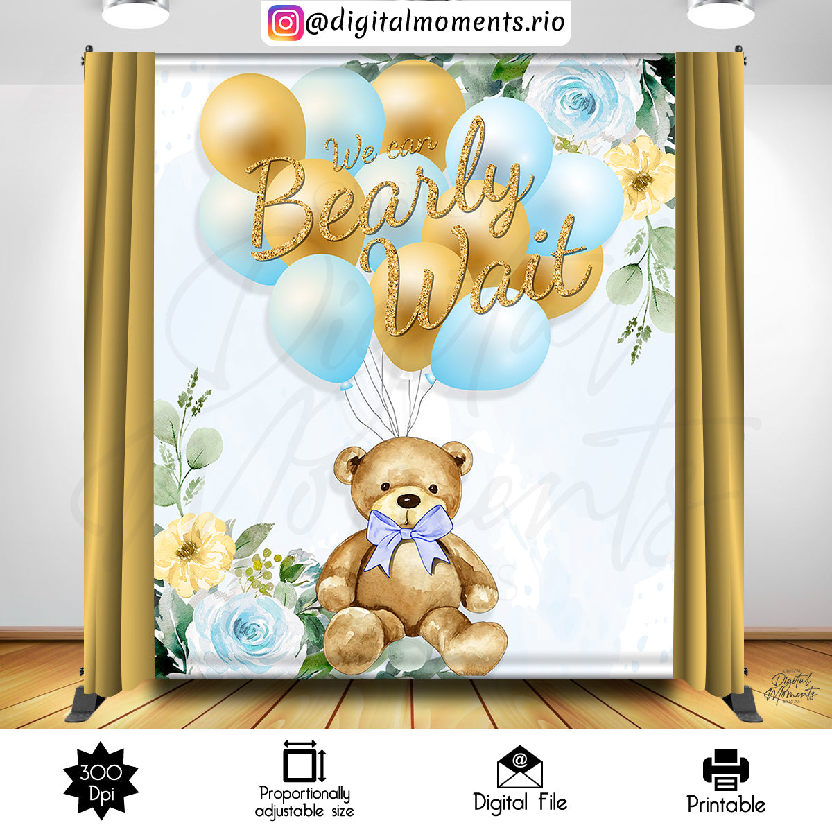 Blue and Gold Teddy Bear 5x6 Digital Backdrop Design, Instant Download | Digital Download for Events - Instant Digital Download