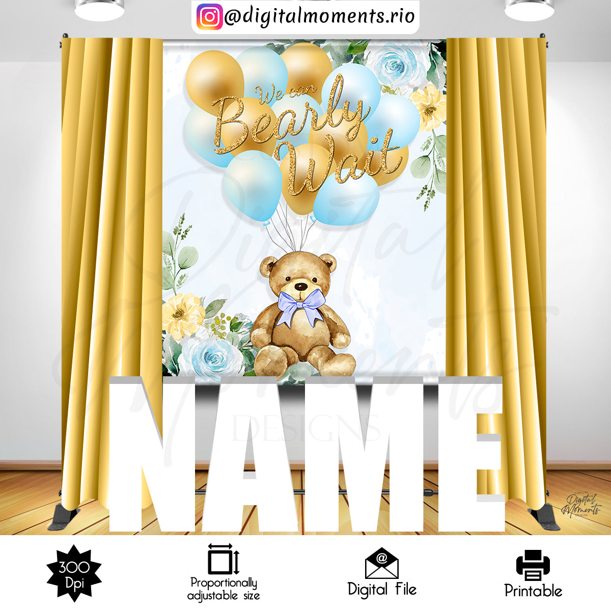 Bearly Floral 5x6 Instant, events, blue, 5x6, gold, bear, teddy, backdrop, design, instant