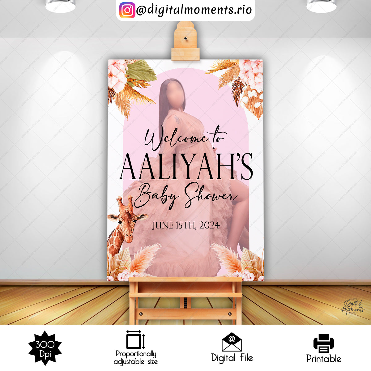 Boho Giraffe Baby Shower Kayuri Sign 18x24, boho, events, welcome, custom, floral, 24x36, sign, design