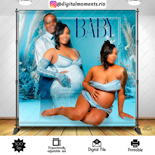 Boho Blue and White 8x8 Baby Shower Custom Backdrop with picture, Digital file only | Digital Download for Events
