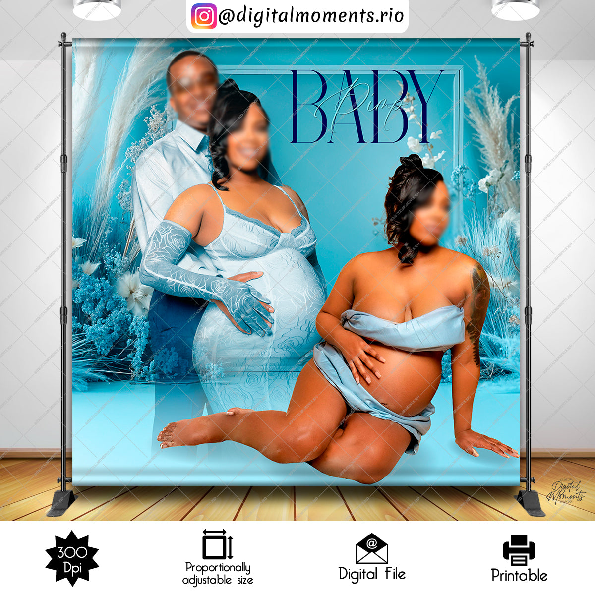 Boho Blue 8x8 Silver, boho, events, blue, custom, shower, baby, picture, white, 8x8, backdrop