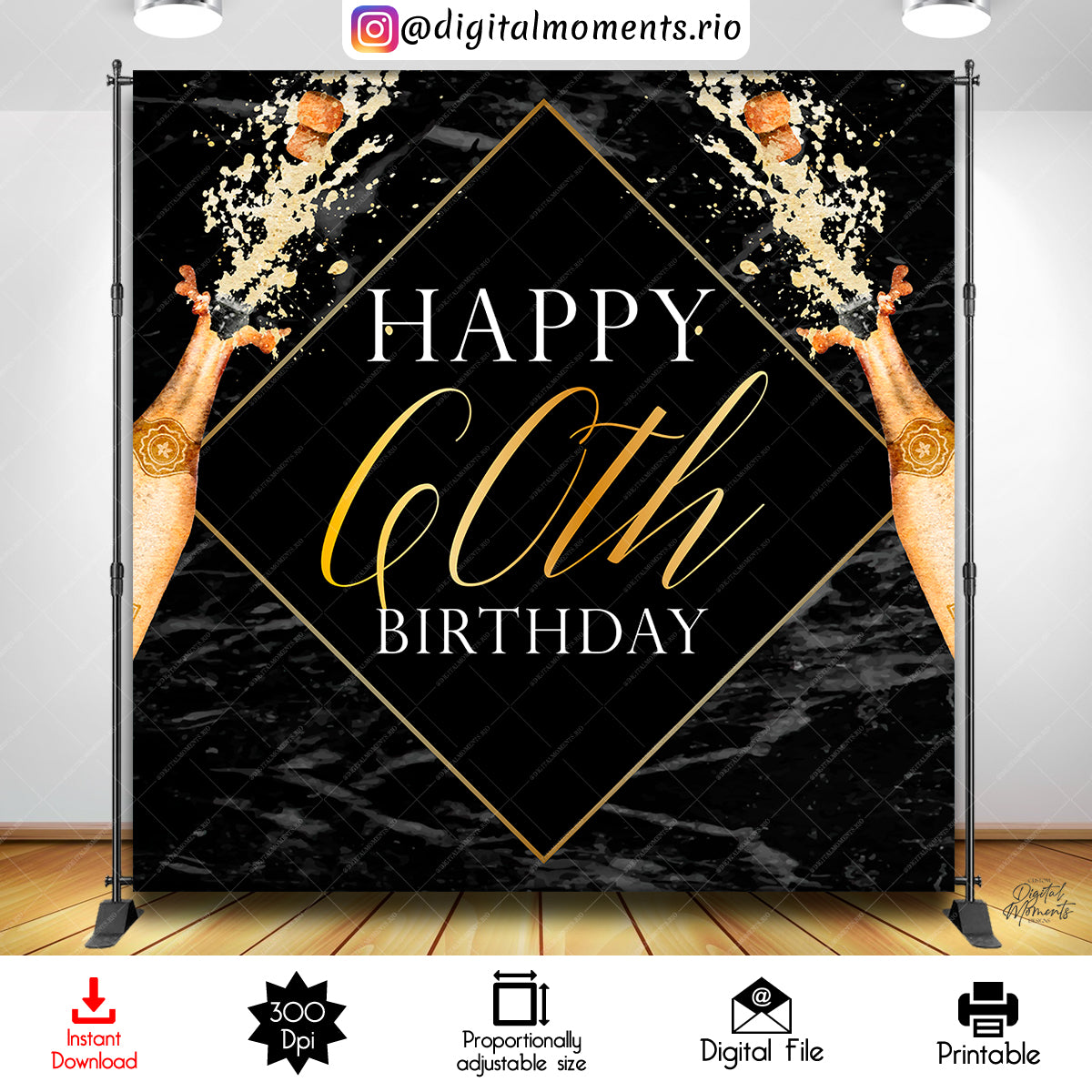 Champagne Black Gold 60 8x8 Instant, champagne, events, birthday, bash, 60th, 8x8, backdrop, design, instant