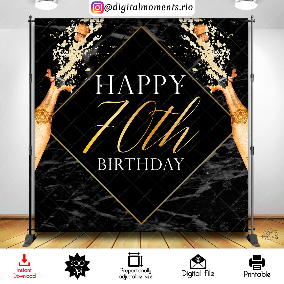 Champagne Black Gold 70 8x8 Instant, champagne, events, 70th, birthday, bash, 8x8, backdrop, design, instant