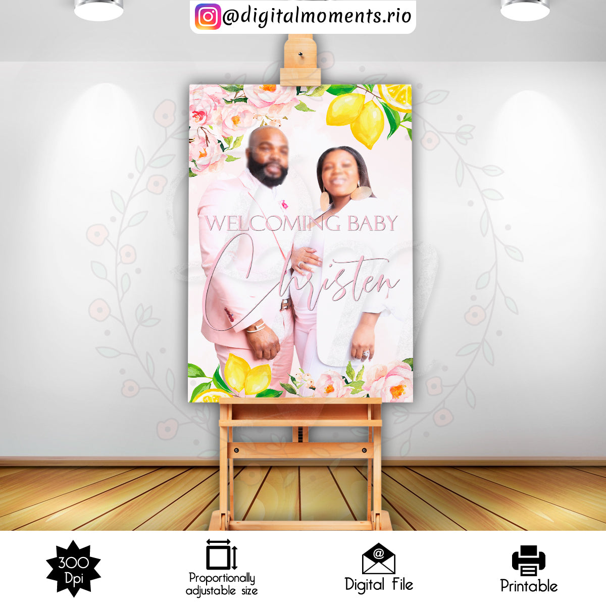 Floral Lemon 24x36, events, welcome, pink, custom, 24x36, sign, lemon, design