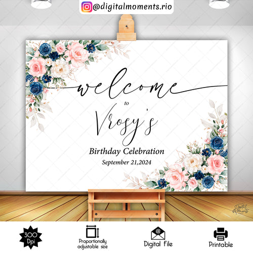 Floral Navy Blush Sign 24x18, events, welcome, custom, navy, floral, blush, sign, 36x24, design