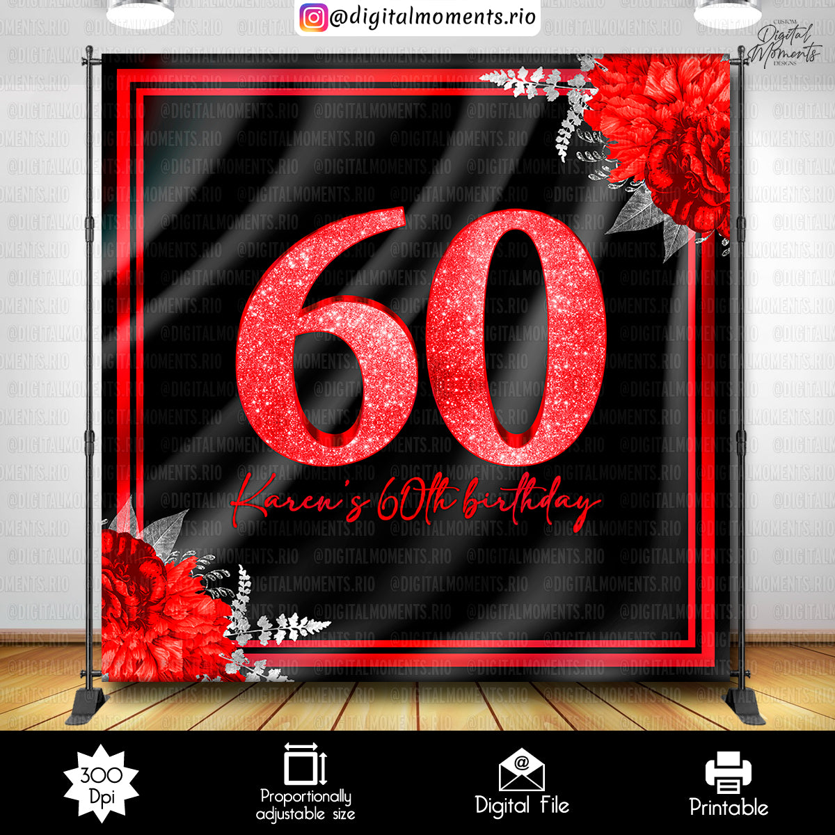 Red Roses 8x8 Birthday Custom Backdrop, Custom Digital File | Digital Download for Events. 40th, 50th, 60th, 70th, 80th, 8x8, arts, backdrop…