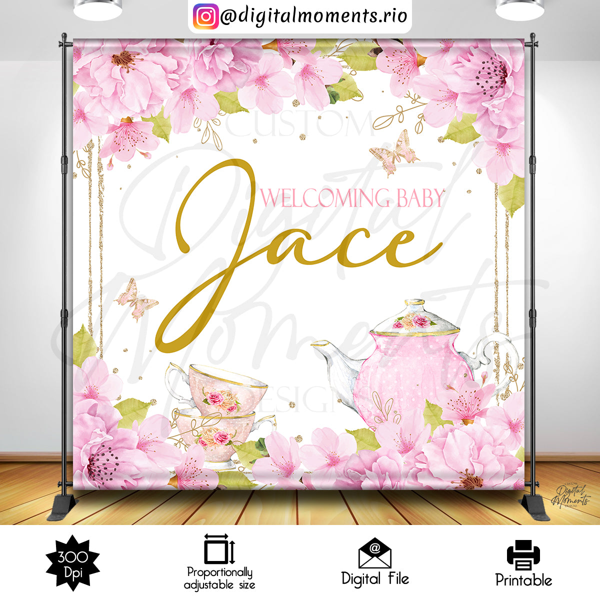 Tea Party Floral 8x8 Custom Backdrop, Digital file only