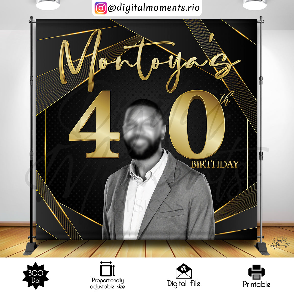 Black and Gold Birthday 8x8 Custom Backdrop with picture, Custom Digital File | Digital Download for Events for Events. 8x8, and, arts, back…