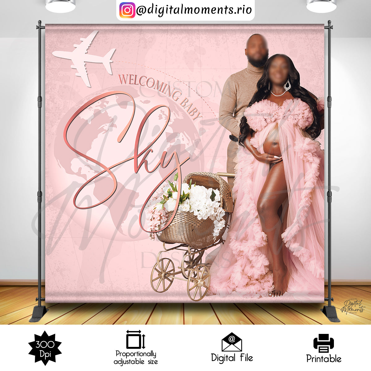 Landing Soon Baby Shower 8x8 Custom Backdrop with 1 picture, Digital file only | Custom Digital Download for Kids Party or Event