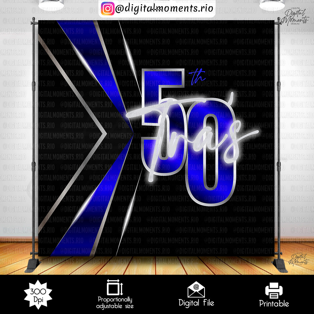 Black, Blue and Silver 8x8 50th Birthday Custom Backdrop, Custom Digital File | Digital Download for Events
