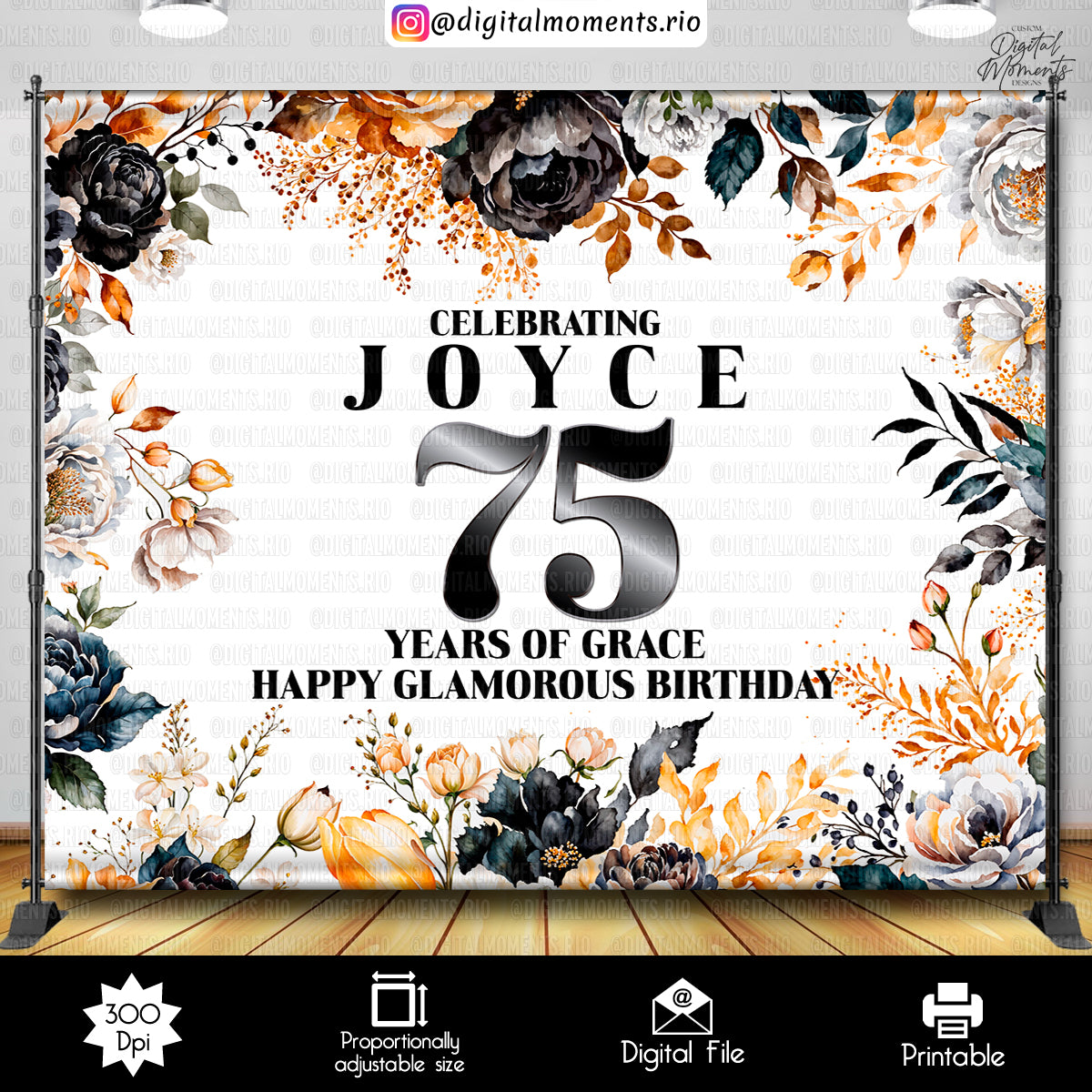 Floral 10x8 Birthday Custom Backdrop, Custom Digital File | Digital Download for Events. 40th, 50th, 60th, 70th, 80th, 8x8, arts, backdrop, …