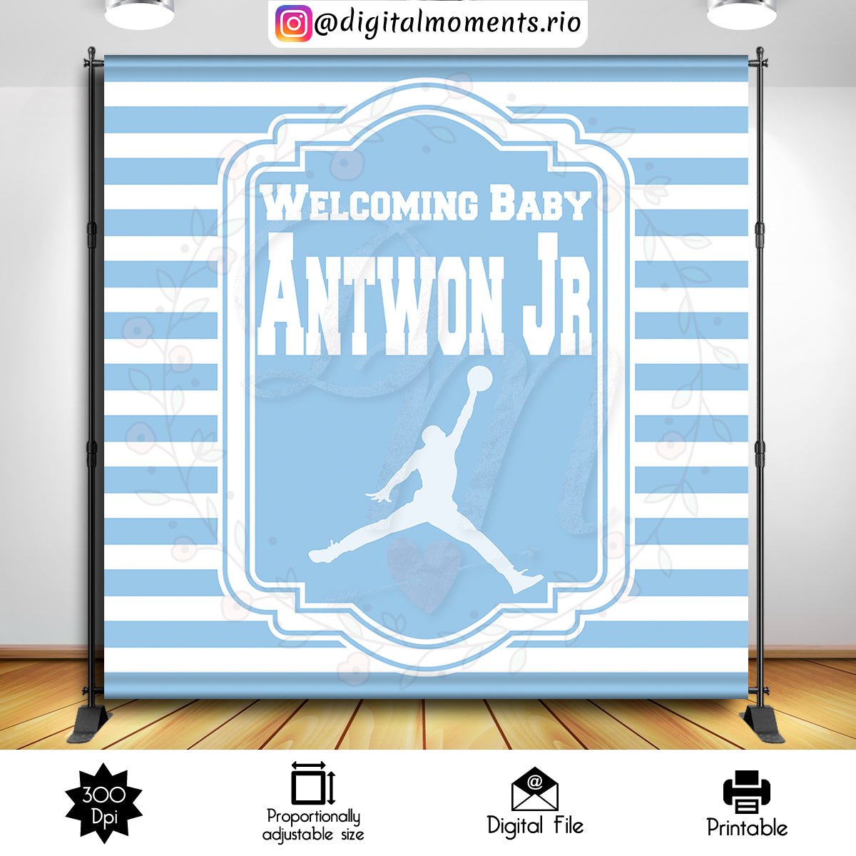 Jordan Baby Shower 8x8 Custom Backdrop, Digital file only | Custom Digital Download for Kids Party or Event