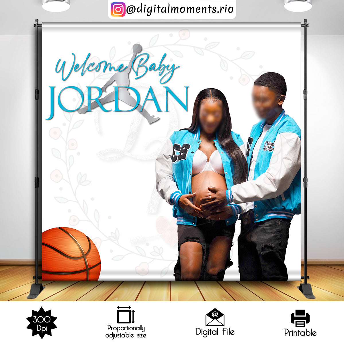 Jordan Baby Shower 8x8 Custom backdrop with picture, Digital file only