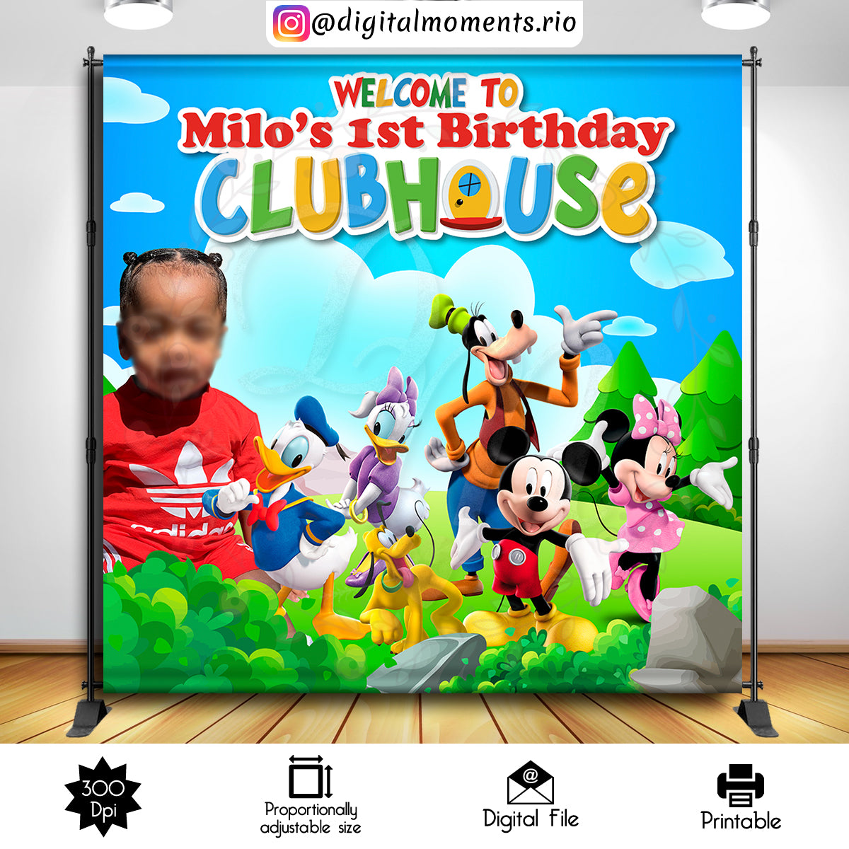 Mickey Mouse 8x8 Custom Backdrop with one picture, Digital file only | Custom Digital Download for Kids Party or Event