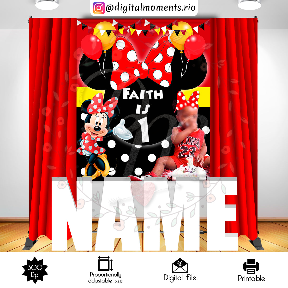 Minnie 5x6 Custom backdrop with picture, Digital file only | Custom Digital Download for Kids Party or Event