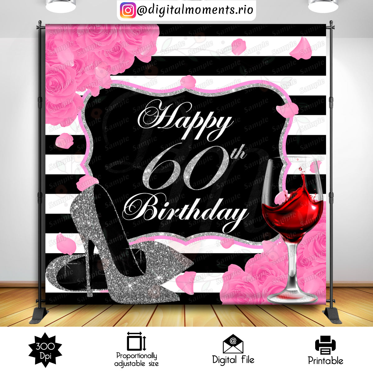 Pink Roses, Black and White 8x8 Custom Backdrop, DIGITAL FILE ONLY | Custom Digital Download for Kids Party or Event