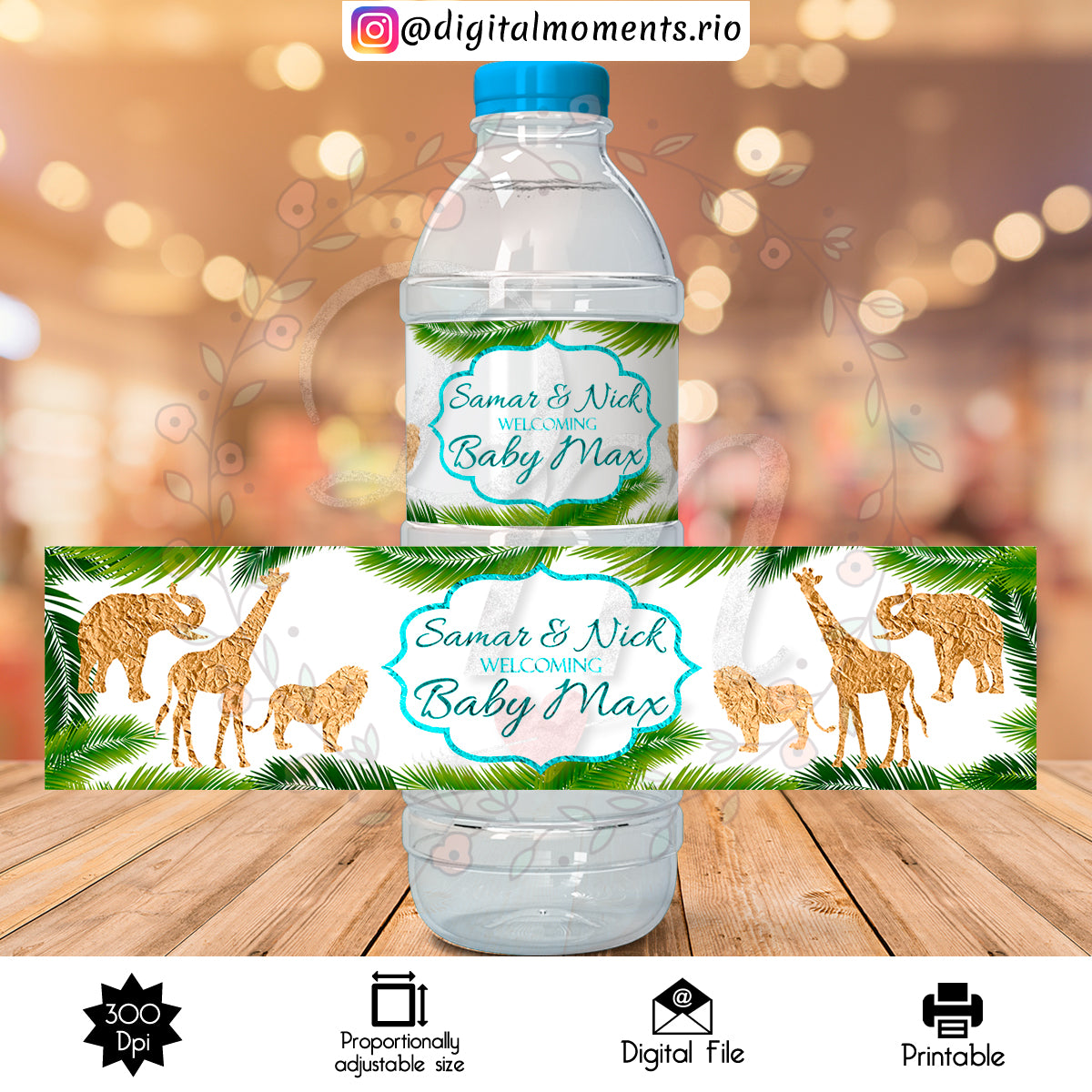 Safari Custom Water Bottle Label, Digital file only | Custom Digital Download for Kids Party or Event