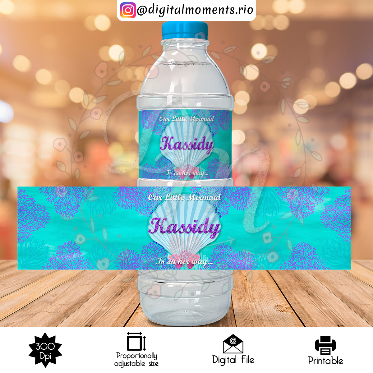 Little Mermaid Custom Water Bottle Label, Digital file only | Custom Digital Download for Kids Party or Event