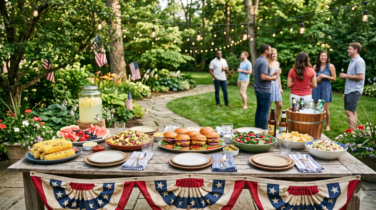 Beautiful 4th of July backyard BBQ setup with red white and blue decor