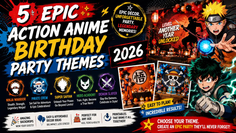 A collage of action and anime party setups including Spider-Man, Batman, and Dragon Ball Z backdrops with coordinated balloons