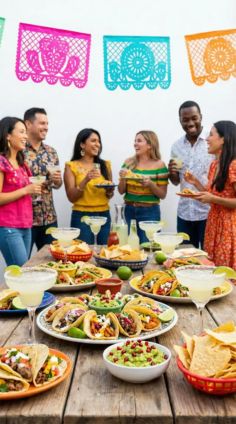 Colorful Cinco de Mayo party table with tacos and papel picado