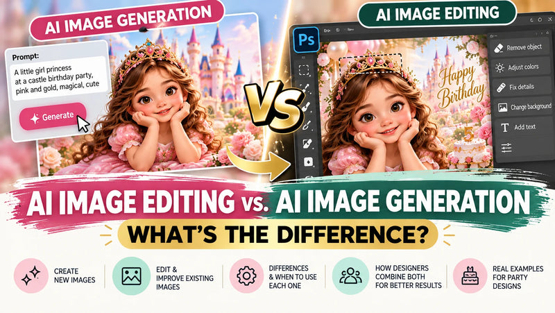 Understand the difference between generating a new image with AI and editing an existing image—and why the distinction matters when creating professional party designs.
