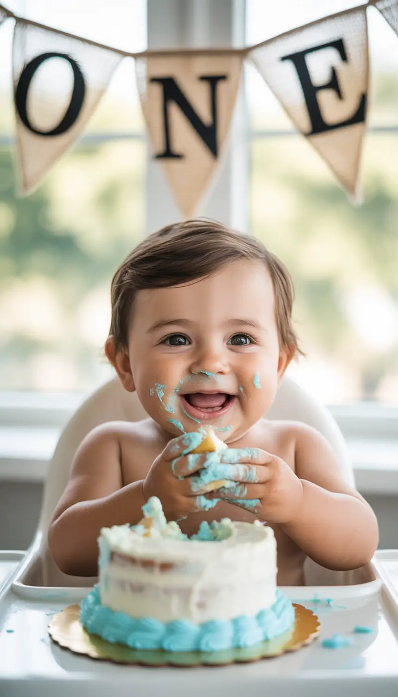 Baby boy eating a smash cake with a 'One' topper and balloons in background