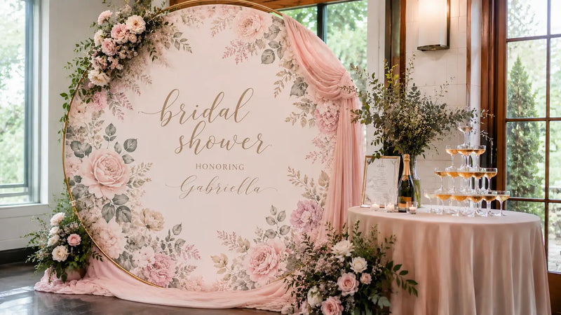 Elegant bridal shower setting with a floral printed backdrop and champagne