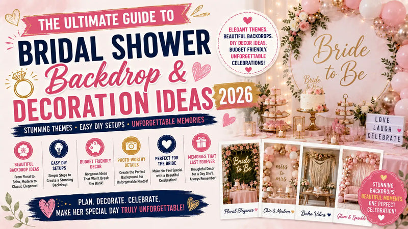 Elegant bridal shower setting with a floral printed backdrop and champagne