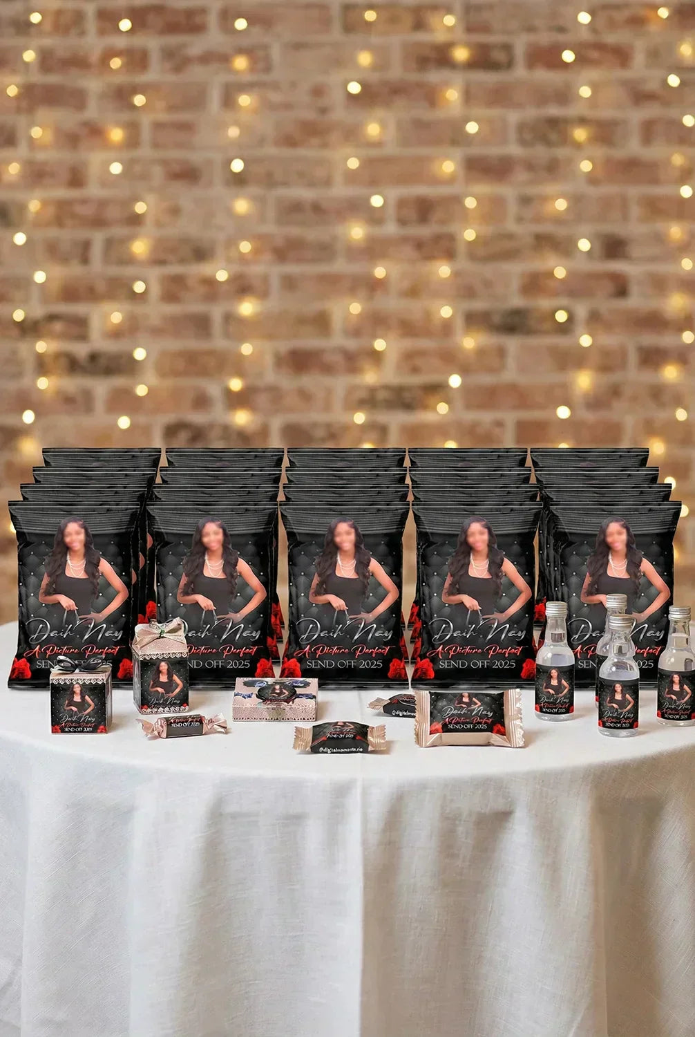 Custom chip bags and party favors on a dessert table