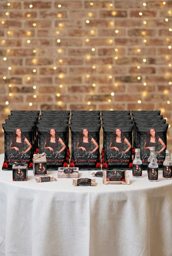 Custom chip bags and party favors on a dessert table