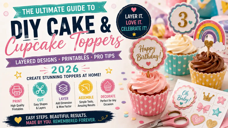 Layered glitter cake topper with 3D effect on a birthday cake
