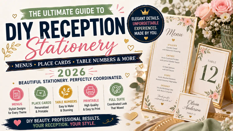 Wedding reception stationery with coordinated menus, place cards, and table numbers