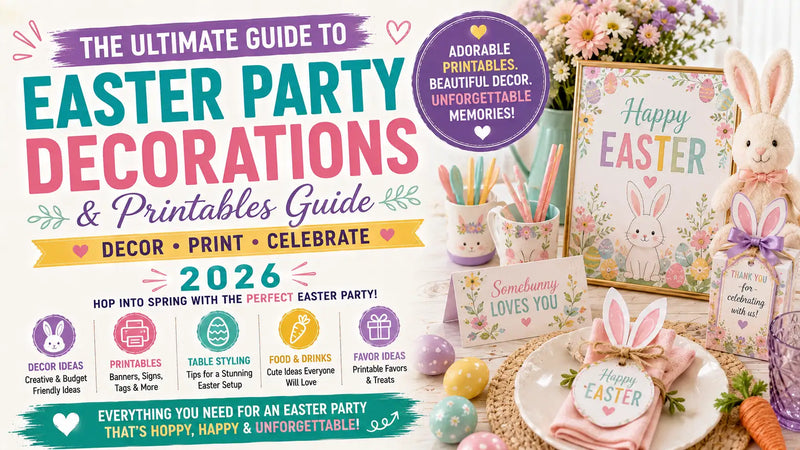 Beautiful Easter party setup with pastel backdrops and printable egg hunt signs