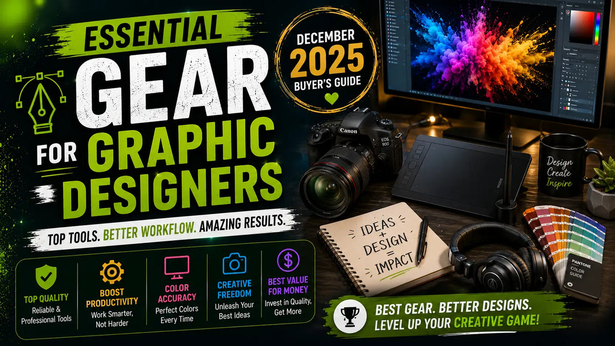 Graphic designer workspace with laptop, tablet and accessories