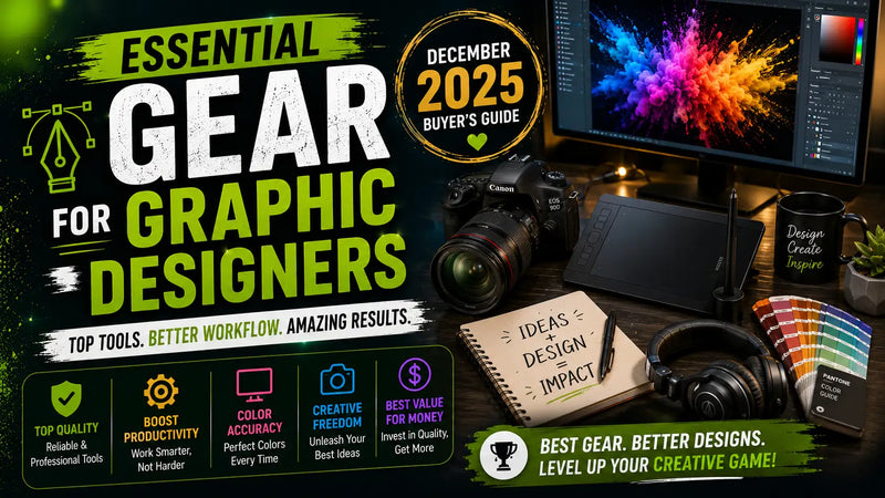 Graphic designer workspace with laptop, tablet and accessories