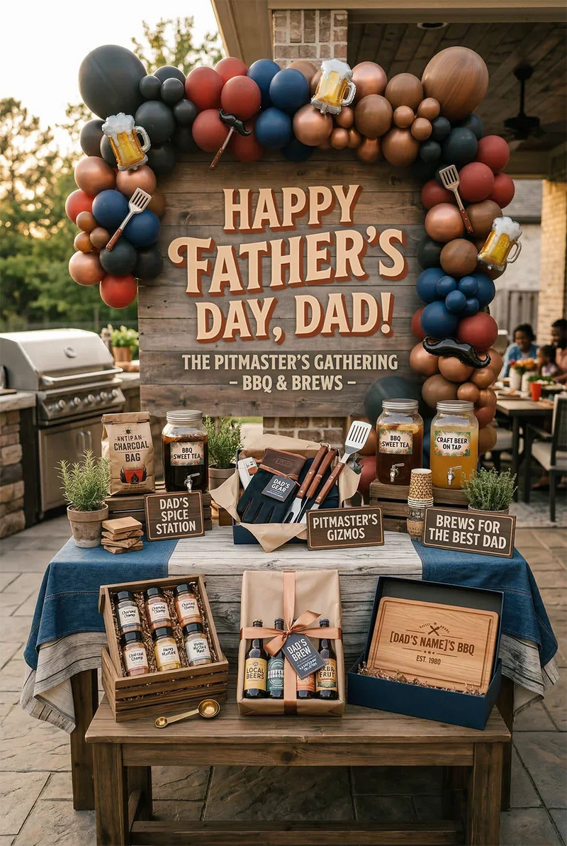 Father's Day celebration with BBQ decor, custom signs, and styled gift boxes
