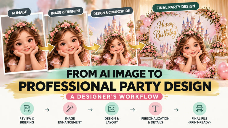 See how designers turn an AI-generated image or visual idea into a cohesive, personalized party design—from the first review to the final digital file.