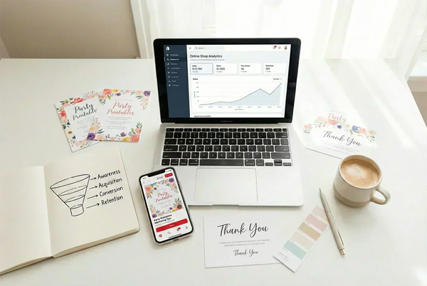 Flat-lay scene showing laptop, marketing funnel sketch and printed designs for a blog about selling printables.