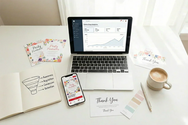 Flat-lay scene showing laptop, marketing funnel sketch and printed designs for a blog about selling printables.