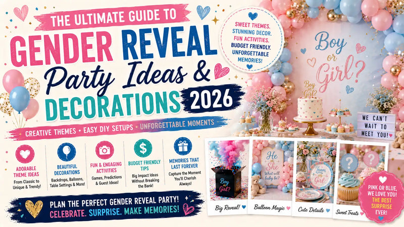 Beautiful gender reveal party setting with pink and blue balloons framing a custom printed backdrop