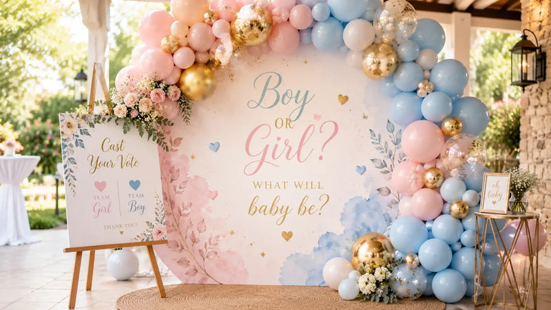 Beautiful gender reveal party setting with pink and blue balloons framing a custom printed backdrop