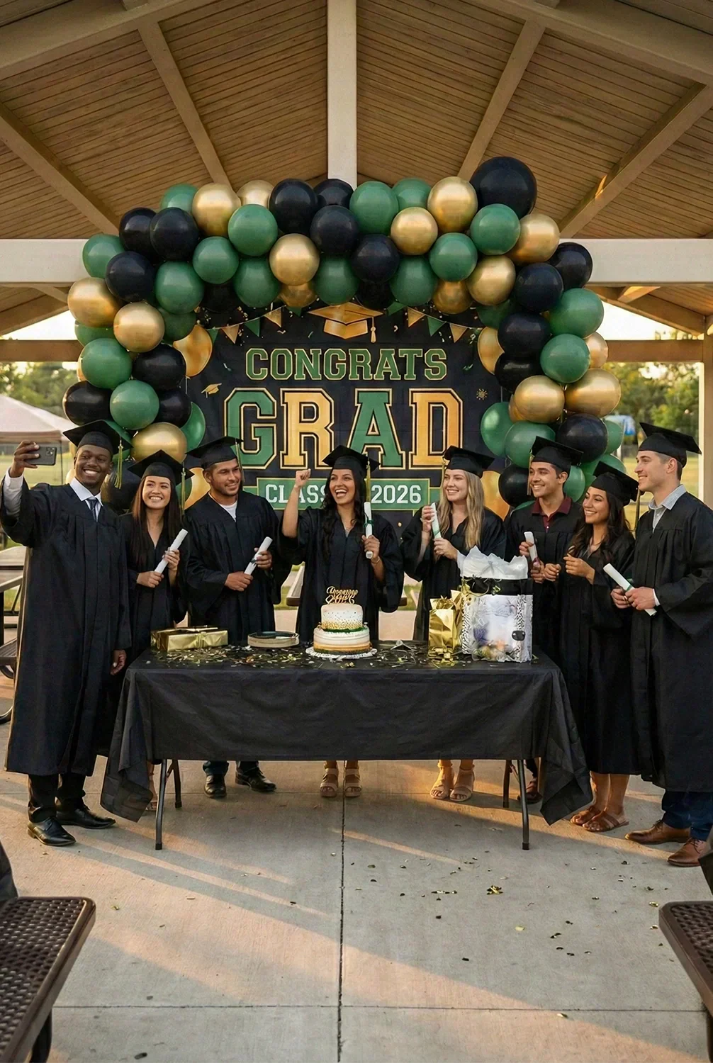 Happy graduation party setup with black and gold balloons and a custom backdrop