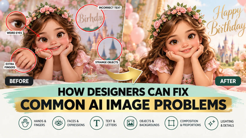A practical look at the visual problems designers check in AI-generated images before turning them into polished, personalized party designs.