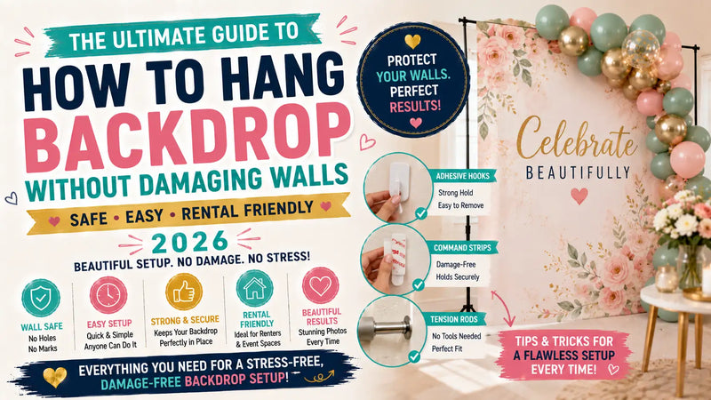 Person hanging a party backdrop using damage-free command strips