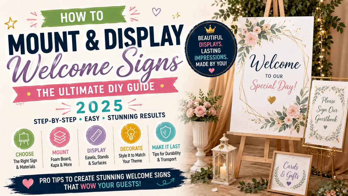 Mounted welcome sign on a gold easel with floral decor