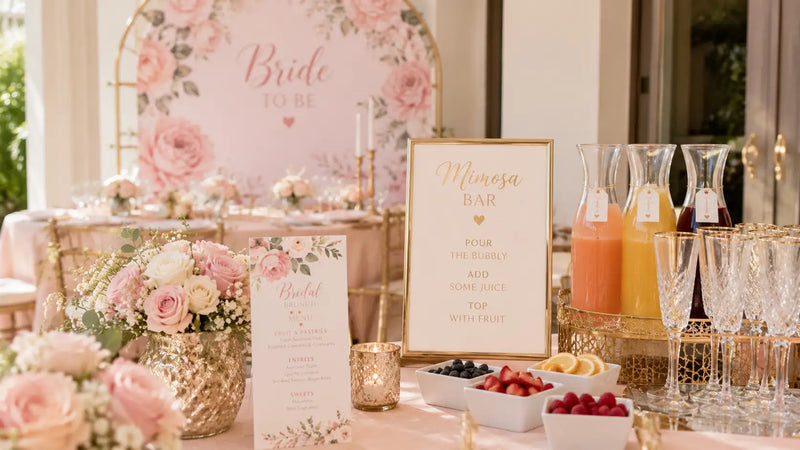 Elegant luxury bridal shower table setting with custom floral printables, champagne, and blush accents