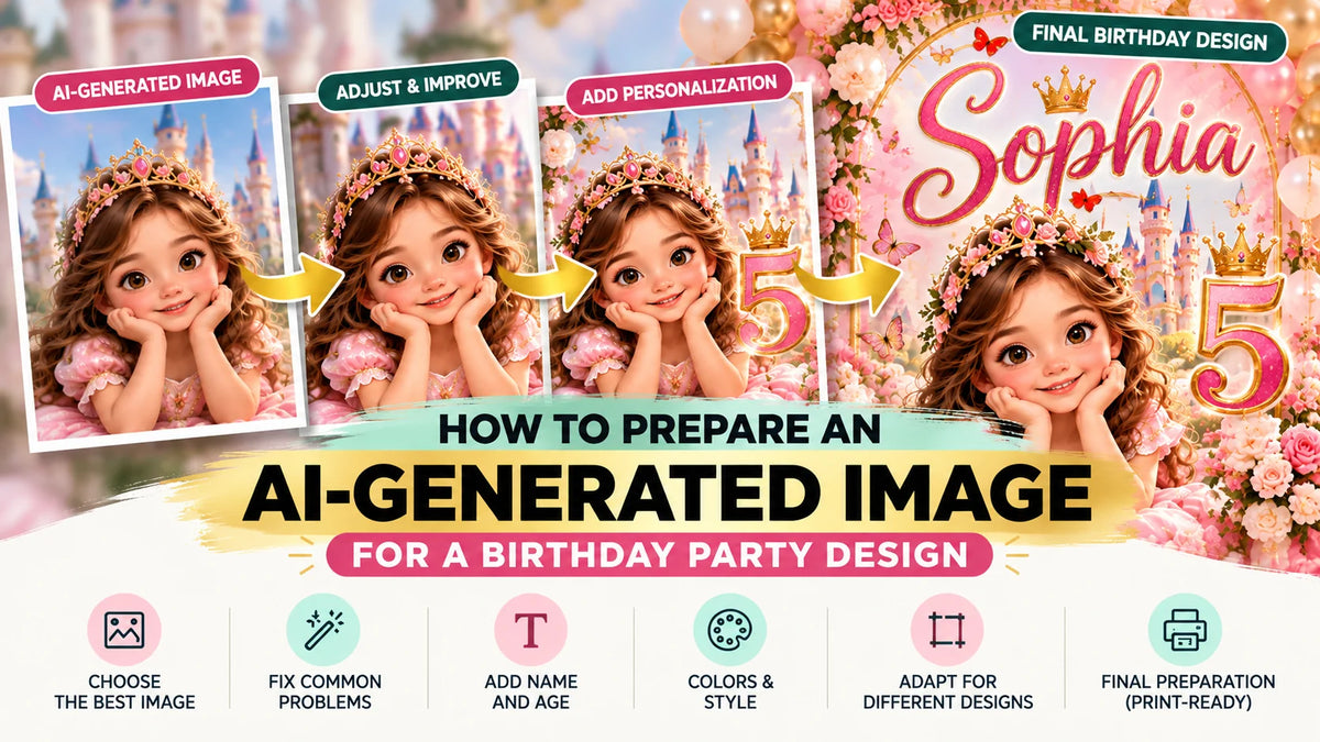 Learn what to check before turning an AI-generated image into a personalized birthday design, from image quality and composition to names, colors, typography and final preparation.
