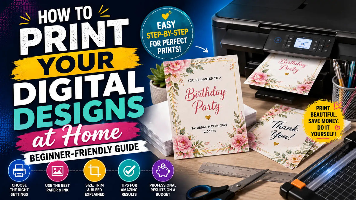 Home printer on a desk with printed invitations and party decor.